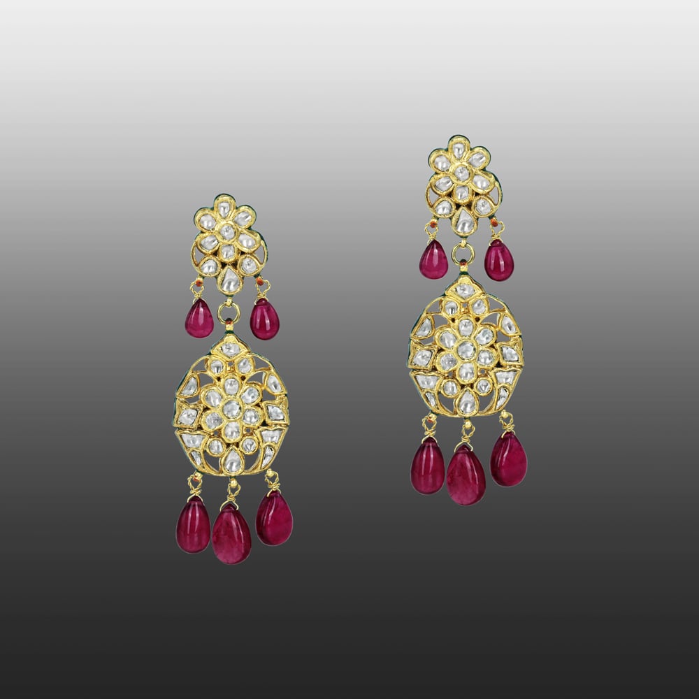 Floral Polki Earrings with Rubylite Drops